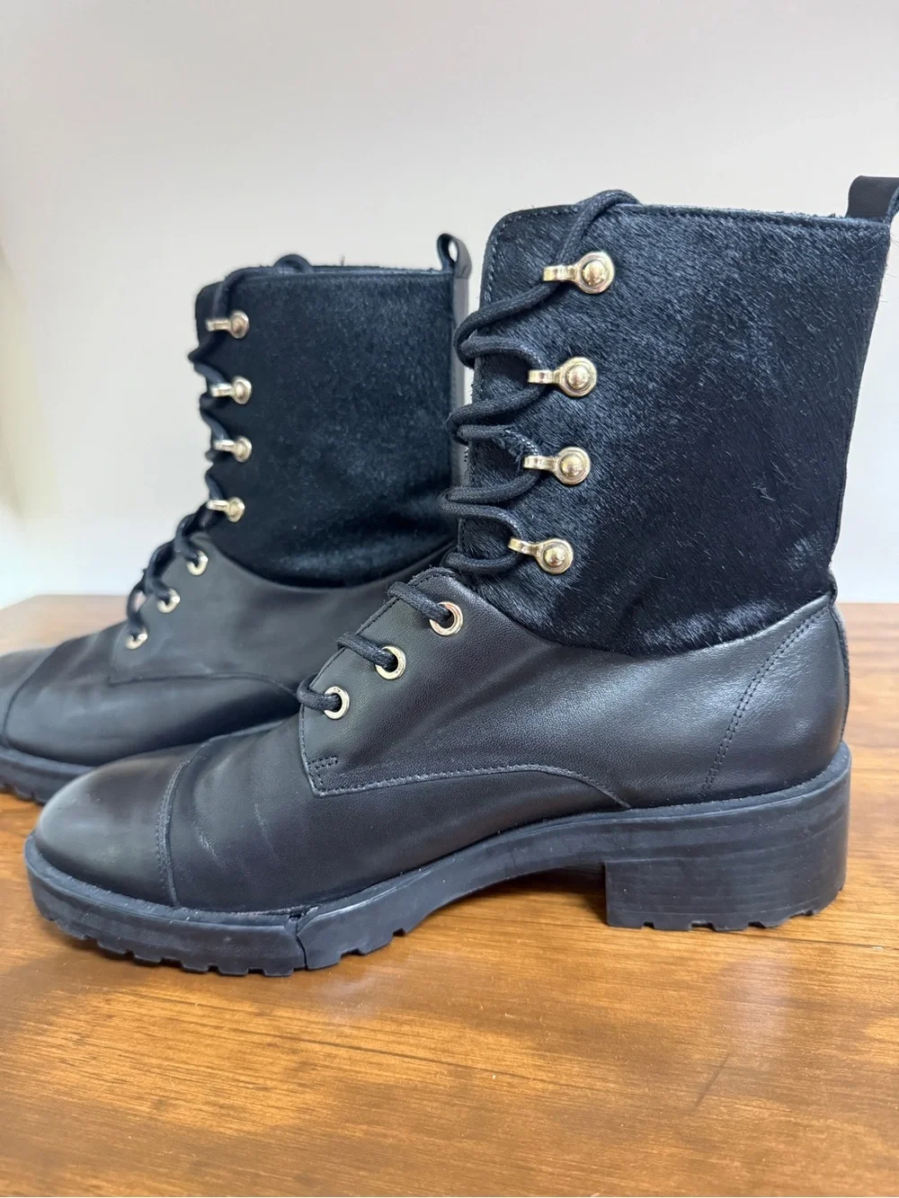 Massimo Dutti Black Leather & Pony Hair Lace-Up Ankle Boots